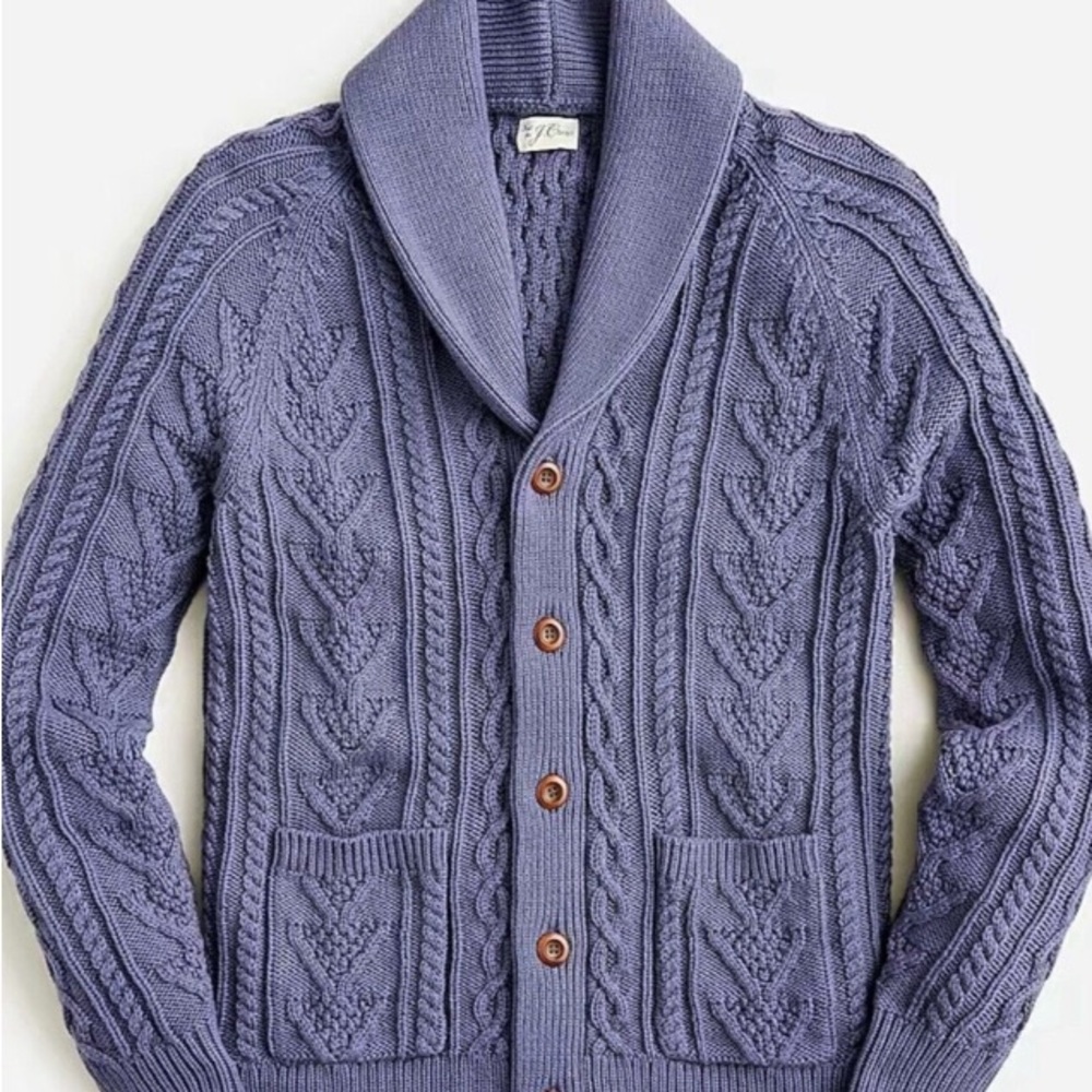 J. Crew $148 Heritage Cotton Cable Shawl Cardigan, Dusty Navy, M